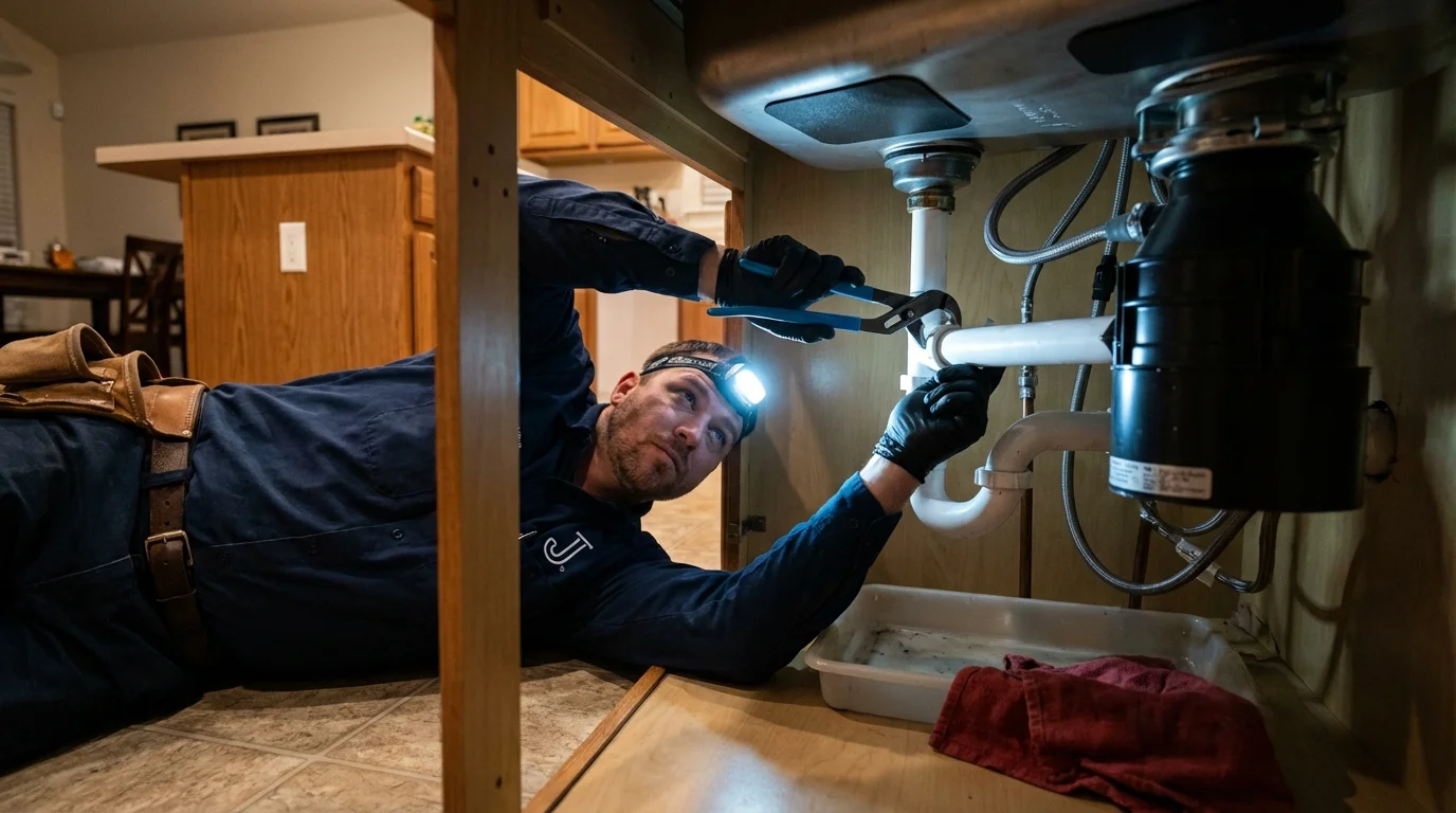 P-trap and supply line connections under a kitchen sink showing a common leak point in Southampton, MA